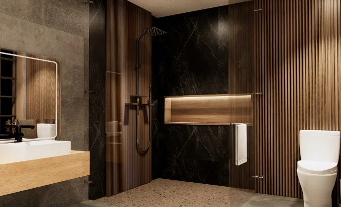 Mueble de baño suspendido de madera hidrófuga para hotel en Burgos