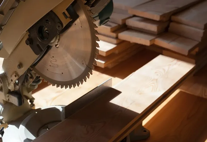 Corte de un tablero de madera con sierra en el taller de carpintería