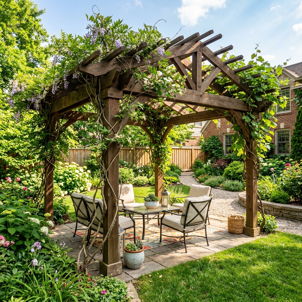 Pérgola de madera en una terraza de Burgos